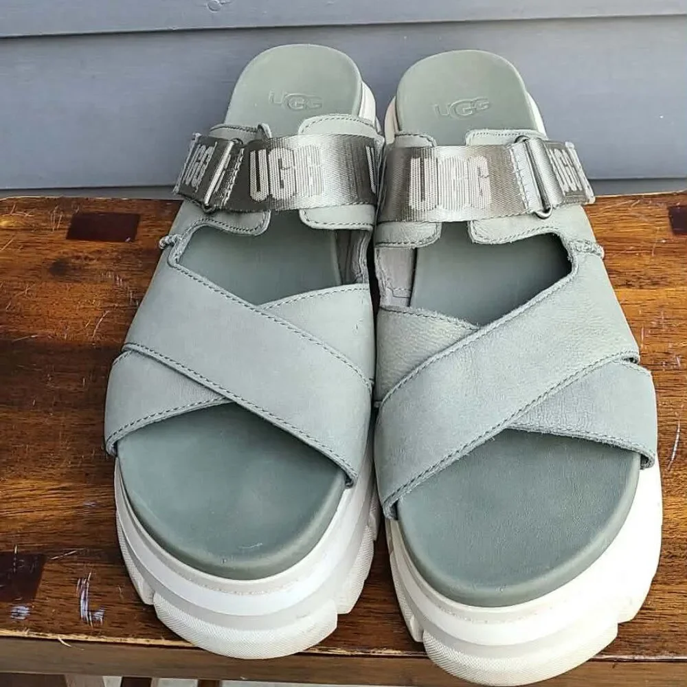 UGG Ashton Slide Gray Green Leather Logo Platform Sandals size 10